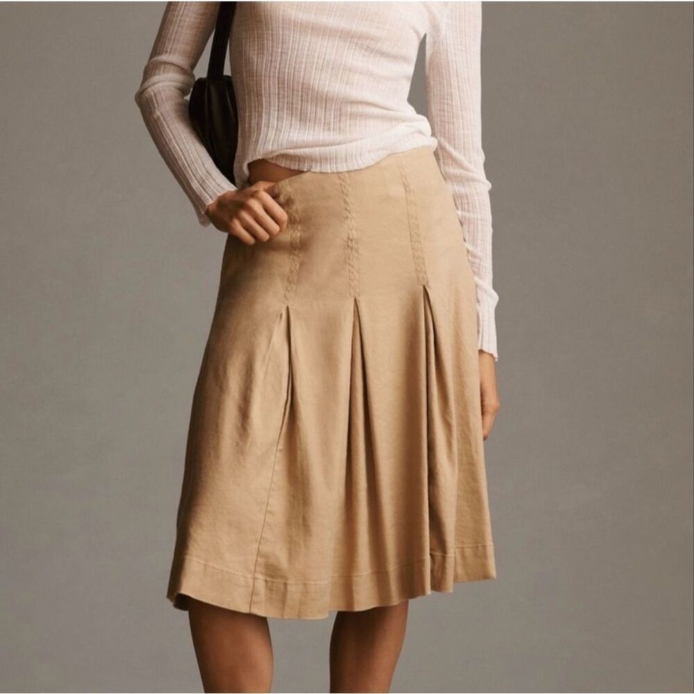 New Anthropologie Maeve Wide Pleated Khaki Midi Skirt Size 14 Tan Linen Blend - Picture 2 of 8